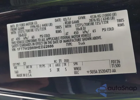 2017 Ford F-250 Xlt from USA, damaged, VIN 1FT7W2B69HED22886